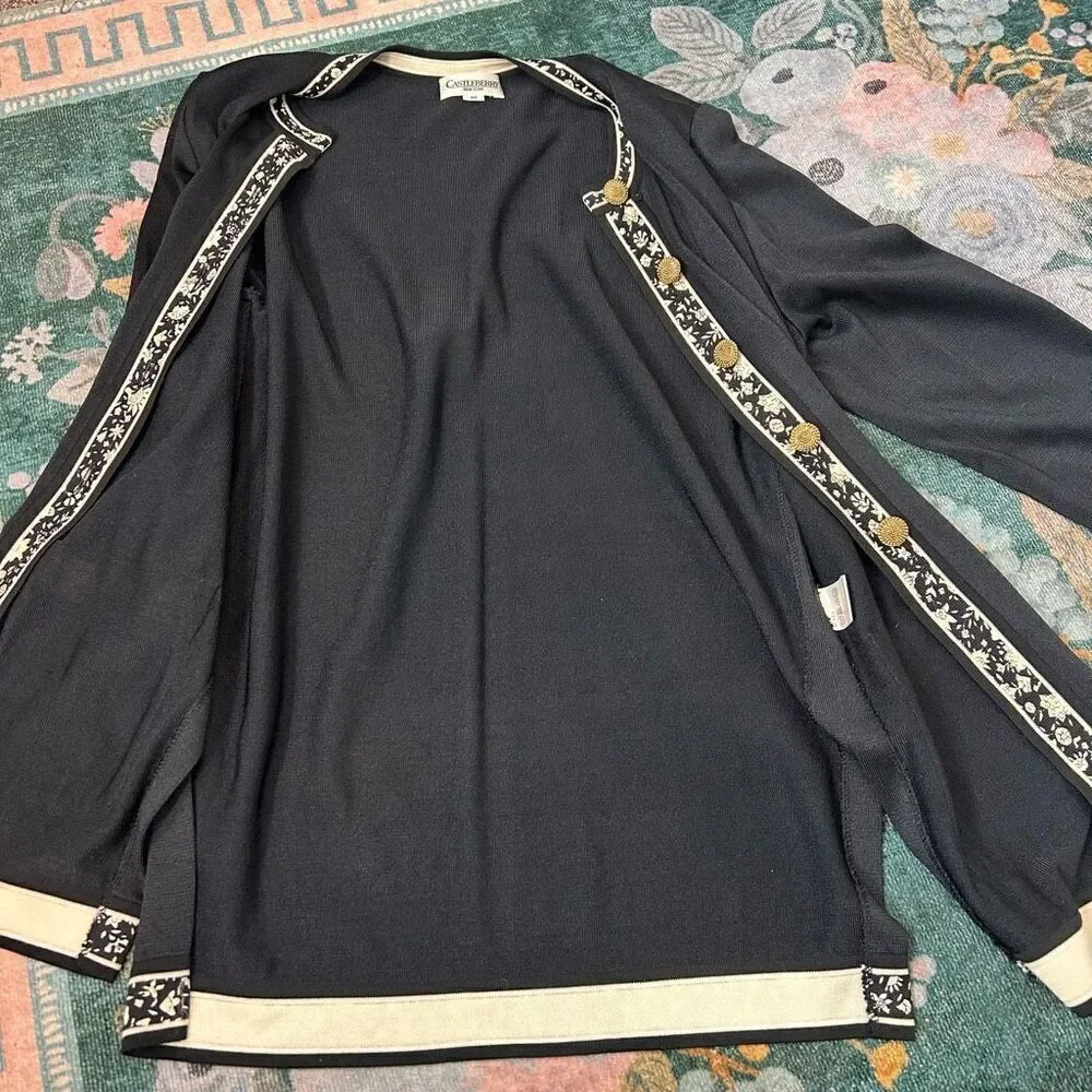 Castleberry Vintage Long Cardigan Sweater Women's Large Black Gold Button Floral